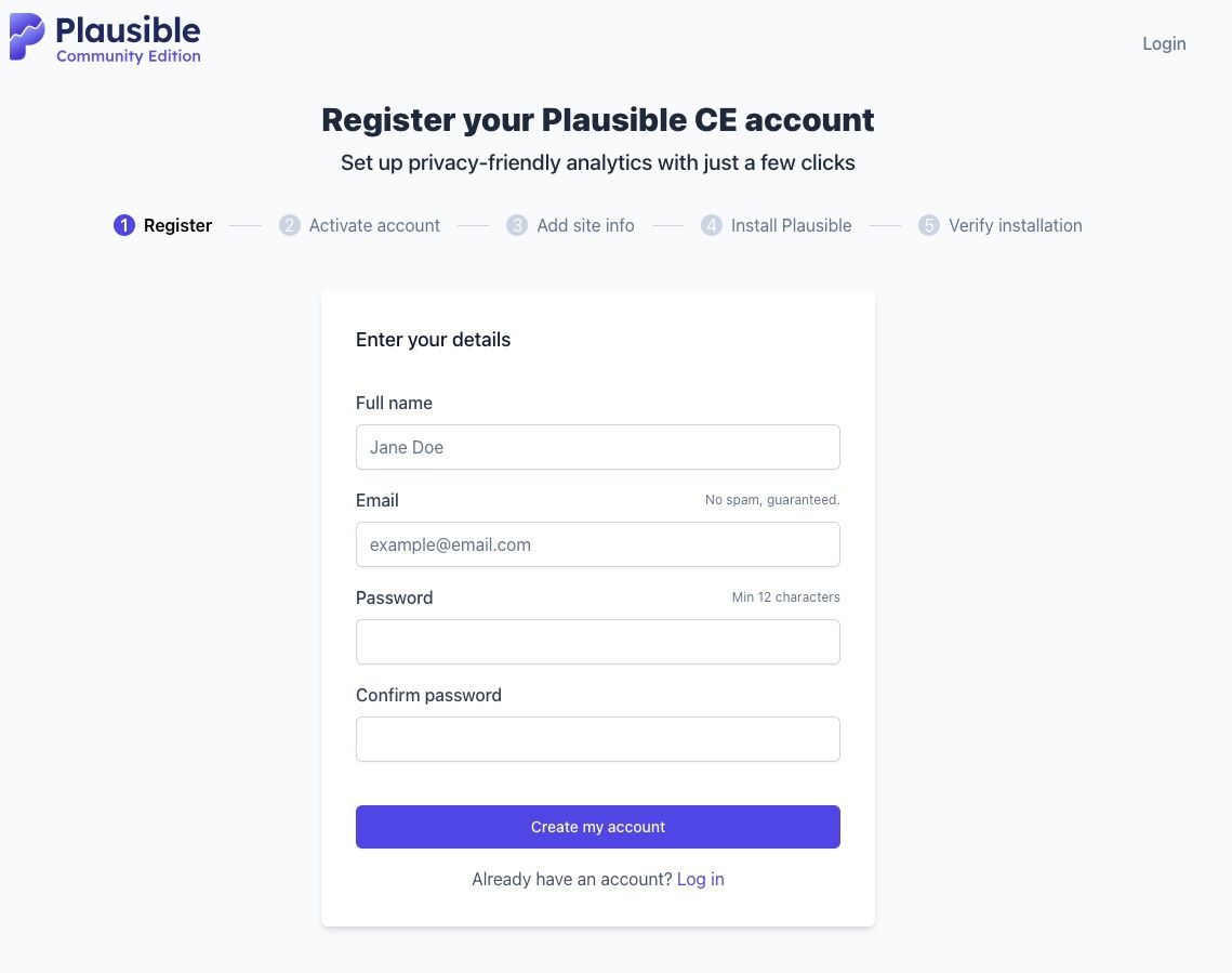 Plausible.io community setup screen
